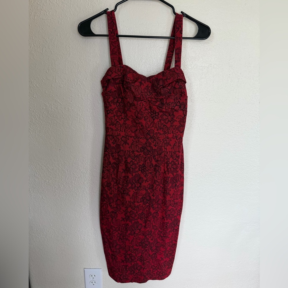 DIXIEFRIED Pinup Retro Red with Black Lace Print Pencil/Wiggle Dress